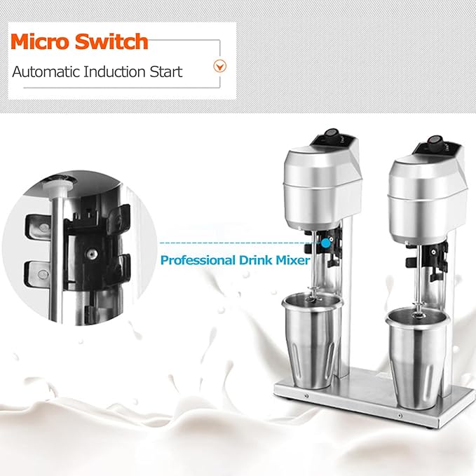 Commercial Milkshake Maker with 2 X 1000 Ml Cups 600W Motor Electric Mixed Drink Maker Micro Sensor Switch Max 16000R/Min Double Heads Drink Mixer Blender