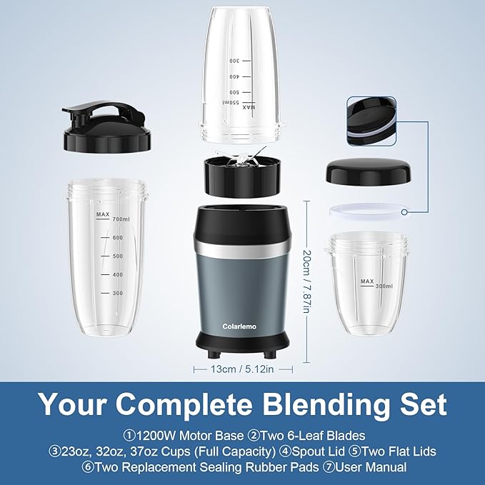 12-Piece Smoothie Blender Maker 25000 RPM Personal Blender for Ice Crushing Smoothies &amp Frozen Drinks Nuts with 23oz 32oz 37oz Portable Cups Two 6-Leaf Stainless Steel Blades Ash Blue