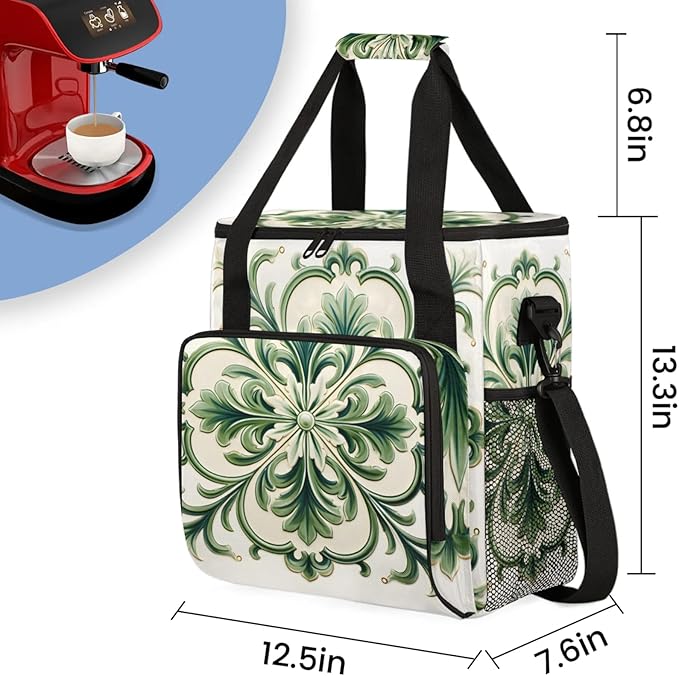 Green Floral Pattern Coffee Maker Travel Bag for Keurig K-Mini/K-Mini Plus Insulated Waterproof Tote with Pockets for K-Cup Portable Single-Serve Brewer Case