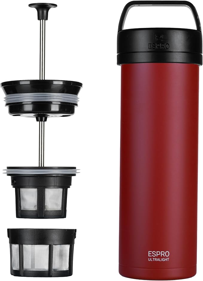 ESPRO P0 Ultralight French Press Coffee Maker for Travel Vacuum Insulated Stainless Steel 16 Ounces Cranberry