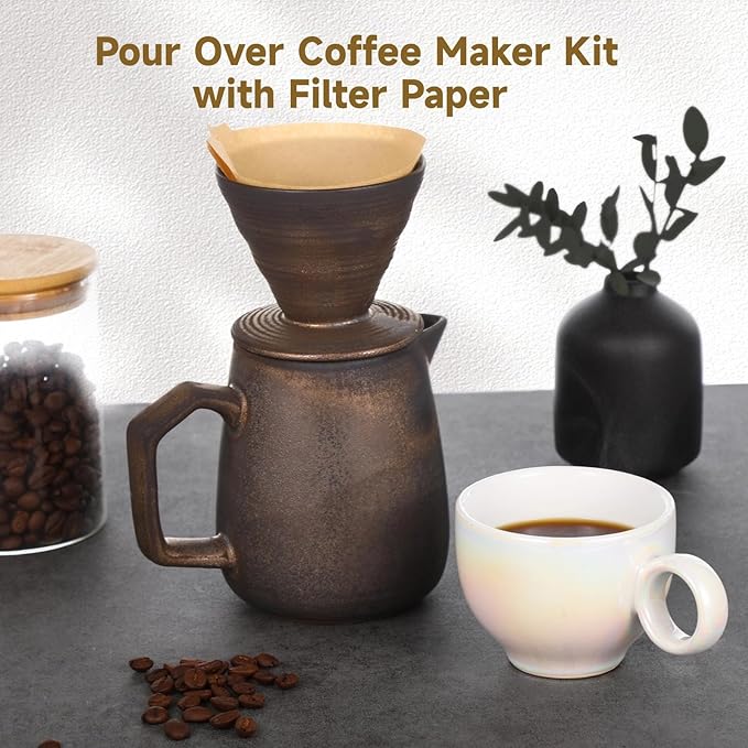 620 Ml Ceramic Pour Over Coffee Maker with 100 Filters Retro Design Perfect for Home Or Office Brewing