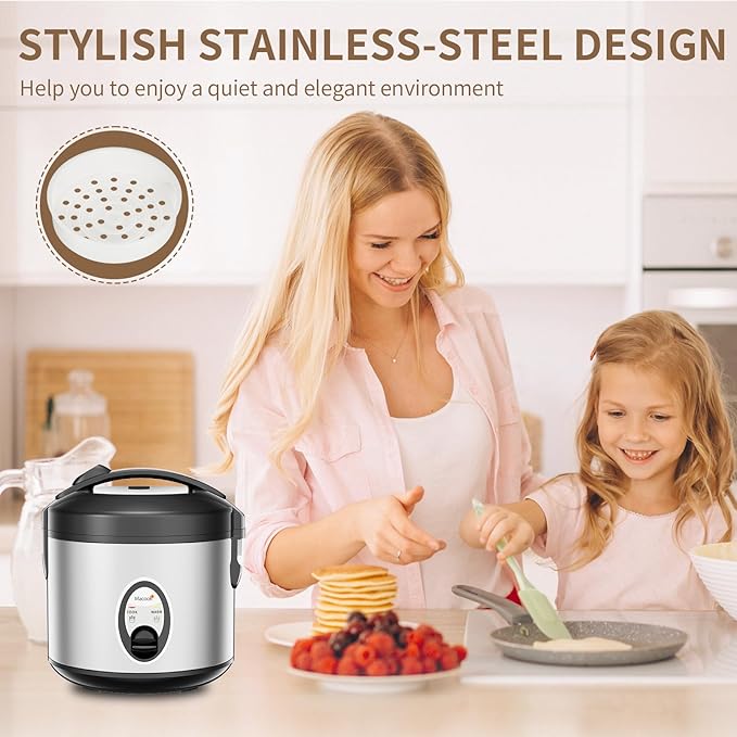 Stainless Steel Rice Cooker with Steamer 4-Cup Uncooked (1.0L)/8-Cup Cooked Electric Grain &amp Vegetable Cooker Auto Keep Warm for Oatmeal Soups &amp Multicooking