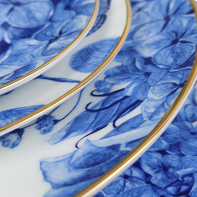 bone china dinnerware sets for 4 kitchen dishes set tableware set for dining include 6.5&amp8&amp10.5&amp12 inch plate European blue hydrangea flower