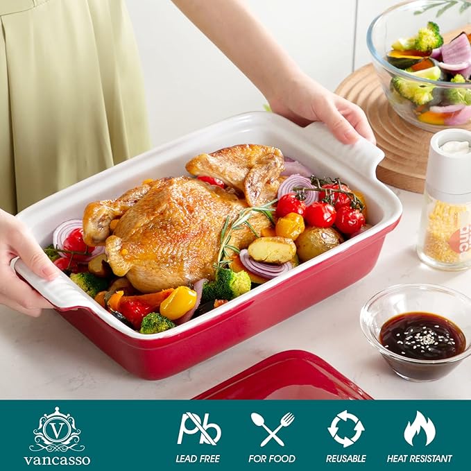 vancasso Blossom Casserole Dish With Lid 3.8 Quart Casserole Dish for Oven 9x13 Baking Pan with Handles Large Casserole Baking Dish Lasagna Pan with Lid Microwave Dishwasher Safe Red