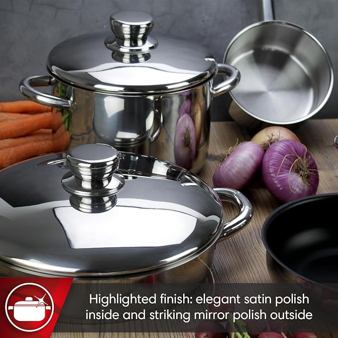 MAGEFESA FAMILY 9-Piece Stainless Steel Cookware Set – Includes Stockpot Stewpot Saucepan Sauté and Skillets – Induction Compatible Dishwasher Safe