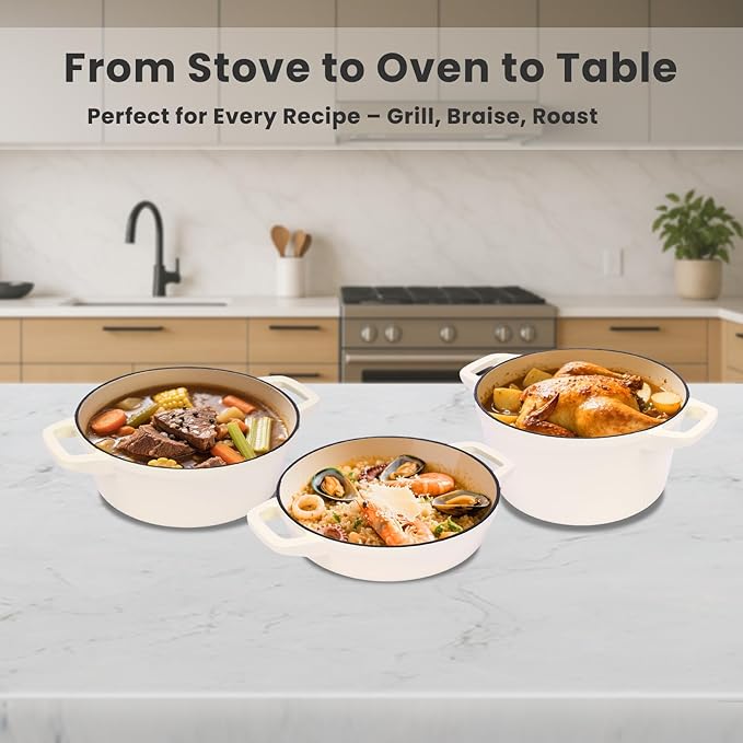 QuliMetal Enameled Cast Iron Set 5-Pc 10 Stackable Space-Saving Cookware Set Dutch Oven Skillet Grill Pan with 2 Universal Lid Versatile Enamel Dutch Oven Included Spacers White