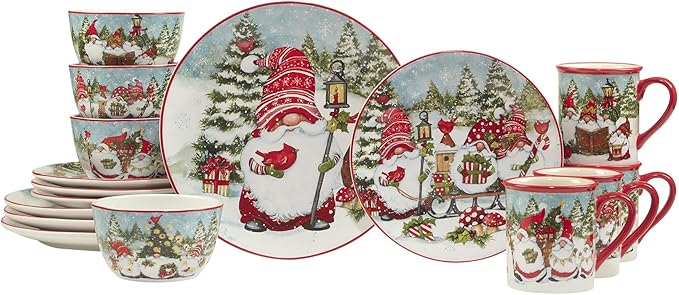 Christmas Gnomes 16 Piece Dinnerware Set Service for 4 Blue Multi Color Red Holiday Casual Round Ceramic Dishwasher Safe Microwave