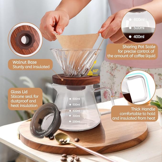 Pour Over Coffee Maker 600ml Borosilicate Glass Drip Coffeemaker Server Set with 100pcs V60 Cone Paper Filters Walnut Collar Glass Lid Clear Hand Brew Dripper Carafe for Home Camping Travel 20.3oz