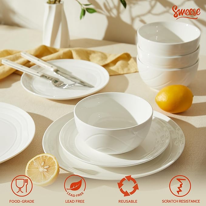 Sweese Porcelain Dinnerware Sets for 6 18 Pieces Ceramic Plates and Bowls Sets Handcrafted Minimalist Dinner Set Chip and Scratch Resistant Dish Set Dishwasher &amp Microwave Safe White