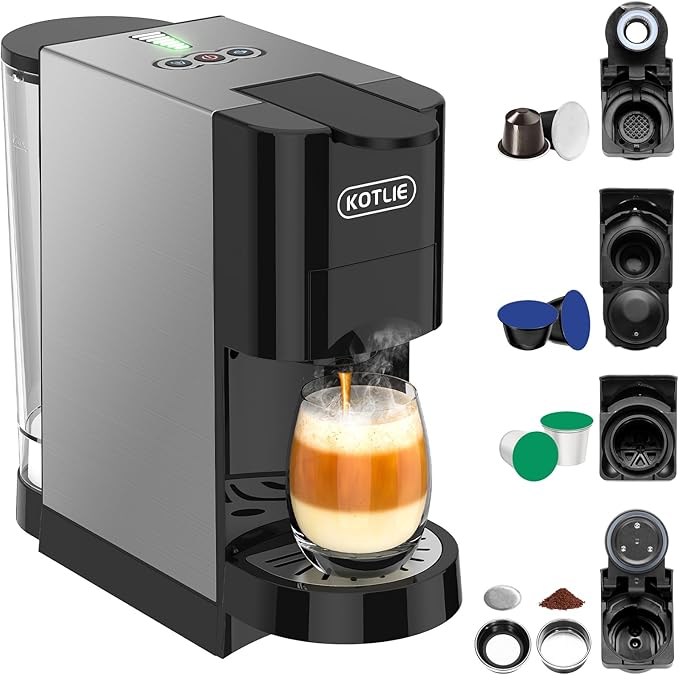 KOTLIE 19Bar Pressure Single Serve Coffee Maker Multifunctional 5in1 Coffee Machine for NES* Original/Dolce Gusto/K cup/Ground Coffee/illy 44mm ESE Cold&ampHot Brew Level 7 watervolume (AC-513HF)