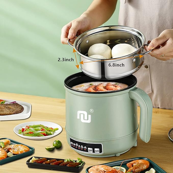 Smart Mini Hot Pot with Timer and Automatic Shut Off 1.2L Non-Stick Rapid Noodle Cooker w Stainless Steel Steamer Basket 600W Quick Cook 5 Cooking Modes for Soup Rice (1cup)  Porridge Pasta Great f