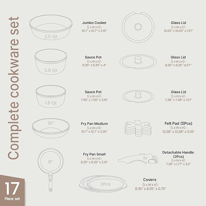 Bakken 17-Piece Ceramic Coated Aluminum Cookware Set Nonstick Pots and Pans with Lids Silicone Cooking Utensils &amp Oven Mitts All Stovetop Safe Up To 500°F PTFE &amp PFAS Free Dishwasher Safe