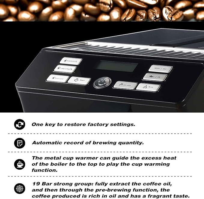 Full Automatic Espresso Machine Coffee Maker with LCD Display for Espresso Americano Long Coffee and Hot Water 4 Coffee Varieties Built in Grinder Stainless Steel Black