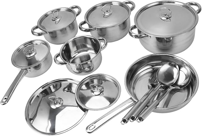 Stainless Steel Cookware Set with 4 Soup Pots 2 Saute Pans Complete Cooking Solution Heat Handles Modern for Home Cooking