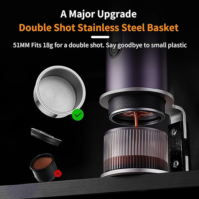 Bincoo Portable Electric Espresso Machine with Stand Self-Heating 20 Bar Car Coffee Maker Double Shot Travel Coffee Machine for Camping Travel RV Hiking Office H1pro