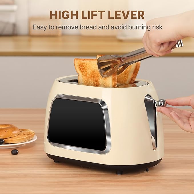 Toaster 2 Slice Smart Touch Screen Retro 1.5'' Extra Wide Slot Stainless Steel Digital Bread Toaster with Memory Function Bagel Defrost 6 Browning Levels and Removable Crumb Tray Cream