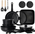 Kikcoin 21 pieces Pots and Pans Set Non-toxic 6 Nonstick pots Cookware Set with Detachable Handles Dishwasher Safe(Black)