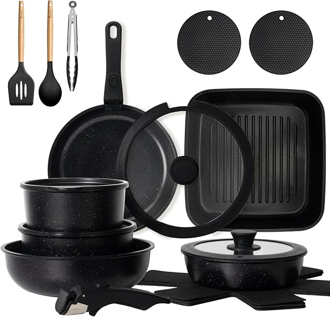 Kikcoin 21 pieces Pots and Pans Set Non-toxic 6 Nonstick pots Cookware Set with Detachable Handles Dishwasher Safe(Black)