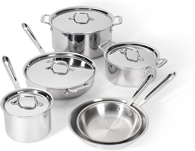 All-Clad D3 3-Ply Stainless Steel Cookware Set 10 Piece Induction Oven Broiler Safe 600F Kitchen Cooking Set w/ Frying Pans Saucepans Saute Pan Stockpot and Soup Pot Pots and Pans Silver