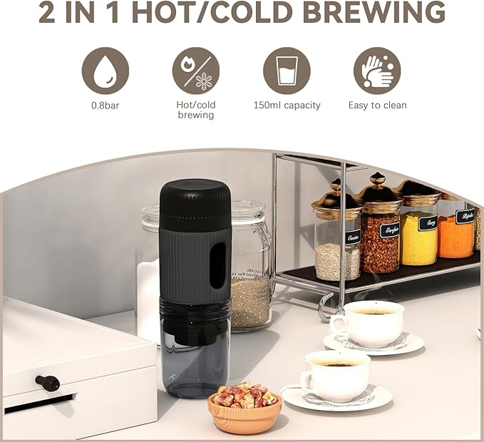 Portable Electric Coffee Maker (No Self-Heating Requires Hot Water) – Compatible with K-Cup &amp Ground Coffee 5oz Reservoir Fast Extraction Single Serve Brewer for Camping RV Travel Office – B