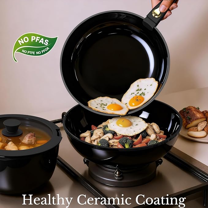 Pots and Pans Set Non Stick Ceramic Cookware Set Detachable Handle RV Camping Kitchen Cooking Set Removable Handles Dishwasher/Oven/Fridge Safe Induction Space SavingBlack Gold