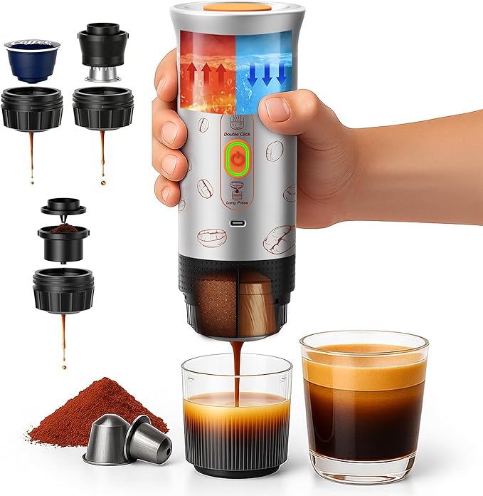 Portable Espresso Machine 3-in-1 Travel Coffee Maker with Self-Heating Battery Operated 20Bar Wireless Portable Espresso Maker Compatible with Ground Coffee &amp Capsule for Camping Car Office