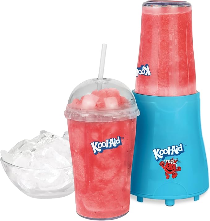 Nostalgia Kool-Aid Slush ‘N Go Personal Blender for Smoothies Slushies Shakes and Fruit Blends Includes Two 15 Oz Travel Bottles Cup Lid and Reusable Straw Blue