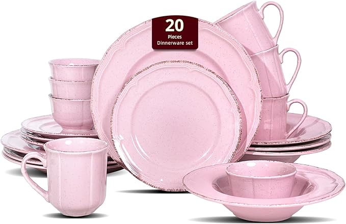 20pc Dinnerware Set Plate and Bowl Set Stoneware Dishes Set for 4 Microwave and Dishwahser Safe Scratch Resistant French Countryside Speckled Antique Pink