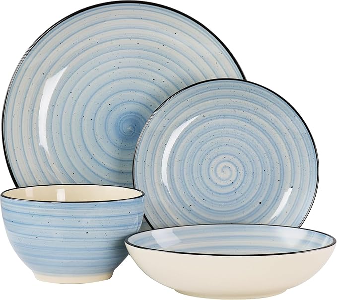 24-Piece Stoneware Dinnerware Set – Round Two-Tone Hand-Painted Dishes with Swirl Design Service for 6 Microwave &amp Dishwasher Safe Tableware (Light Blue)
