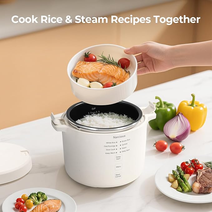 Narcissus 3.5-Cup Rice Cooker for 1-3 People Multifunctional for Rice Oatmeal Quinoa - Slow Cook Steam Cook Rice &amp Steam Dish Together Rice White