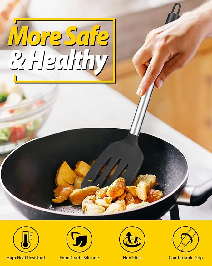 Pack of 4 Silicone Cooking Utensils Set Non Stick Large Solid Spatulas Heat Resistant Black Slotted Spoons Ideal BPA Free Kitchen Turners for Frying MixingServingDrainingTurningStirring