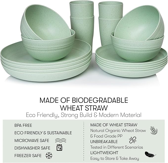 Wheat Straw Dinnerware Sets | Unbreakable Dinnerware Sets | Dishwasher Microwave Safe Dinnerware | Eco Friendly Non Breakable Dinnerware Sets | RV Outdoor Camping (Green Service for 4 (16 pcs))