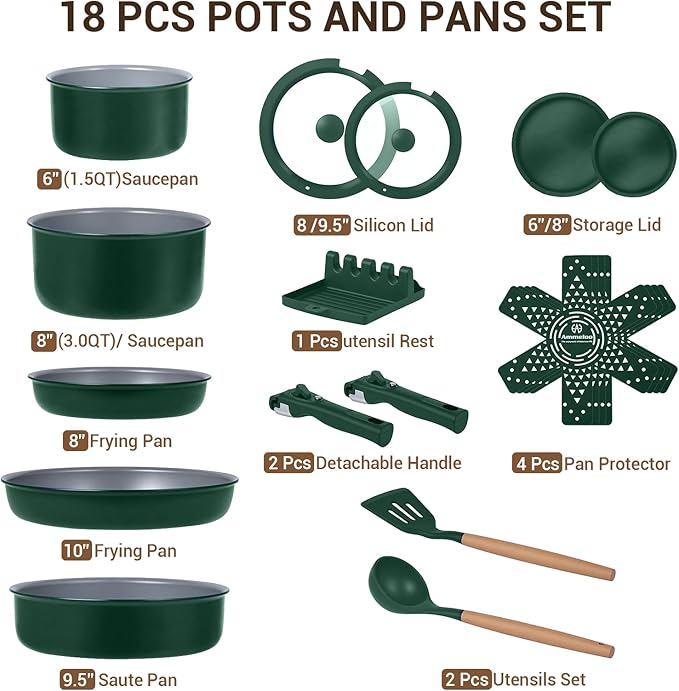 Ammeloo 18-Piece Ceramic Pots and Pans Set &amp 22-Piece Baking Pans Set Stackable Bakeware Hunter Green