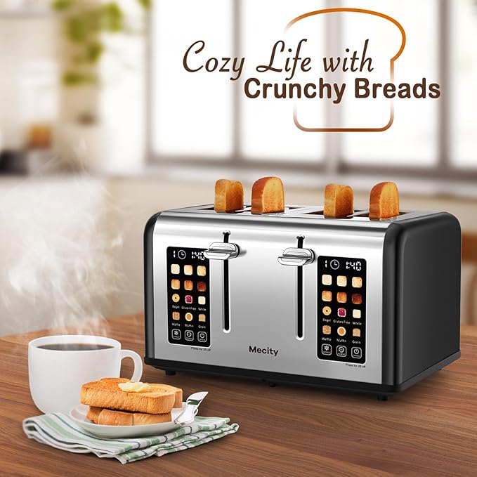 Mecity 4 Slice Toaster with Touch Screen Control 4 Wide Slots Stainless Steel Smart Bread Toaster for Bagels Muffins Waffles Dual Control Panel Timer Defrost Reheat 120V 1650W Matt Black