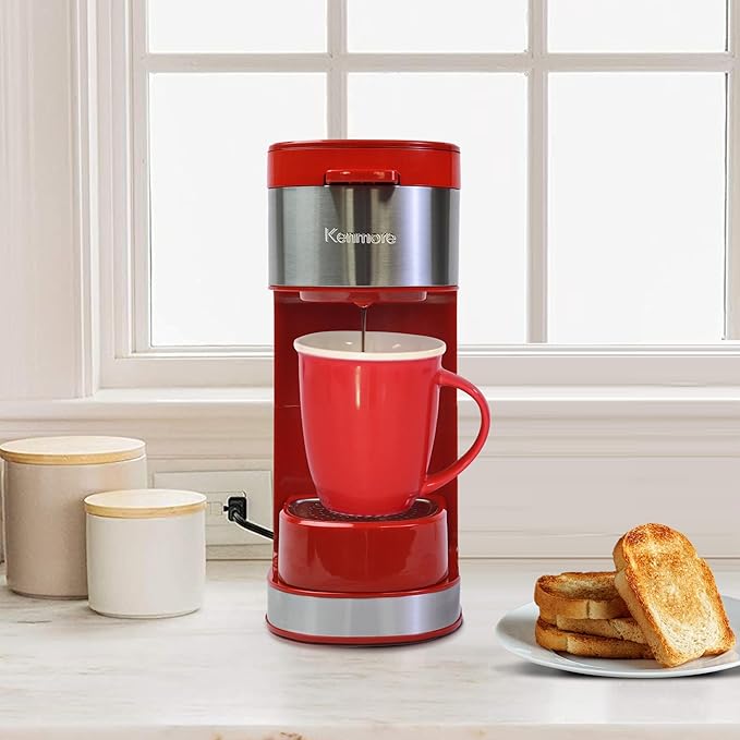 Kenmore Single Serve Coffee Maker – 6–14 Oz Brew Sizes Compatible with Keurig K‑Cup Pods &amp Ground Coffee One Cup Brewer Travel Mug Friendly Auto Shut‑Off Hot &amp Iced maquina de cafe Red