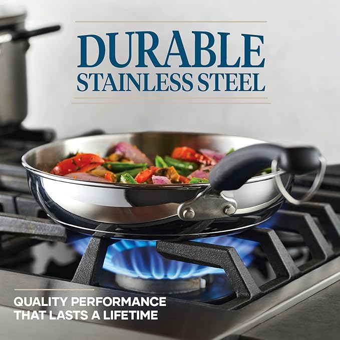 Farberware Brilliance Stainless Steel Cookware Pots and Pans Set with Kitchen Cooking Tools and Glass Lids 10 Piece Dishwasher Safe and Induction Ready Stainless Steel