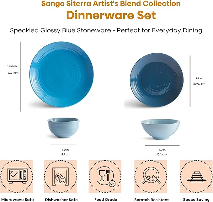 Sango Siterra Artist's Blend 16-Piece Stoneware Dinnerware Set – Service for 4 Ocean Blue Glossy Glaze with Unique Speckled Design for Everyday Dining &amp Entertainment Microwave &amp Dishwasher