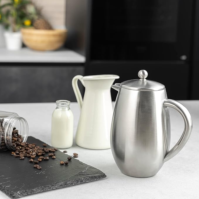 Café Ole BFD-06 6 Cup Double Walled Bellied Cafetiere French Press Coffee Maker Mirror 0.8 Litre Stainless Steel