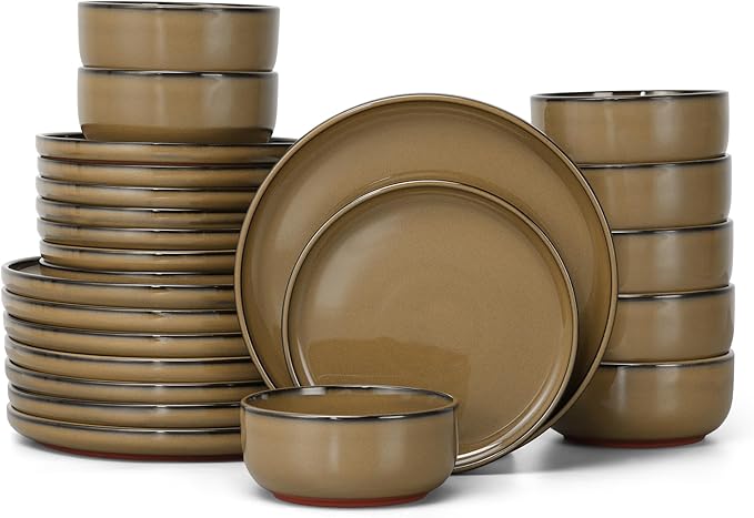 E-far Stoneware Dinnerware Sets for 8 24 Pieces Reactive Glaze Plates and Bowls Sets Elegant Dishes with Rustic Terracotta Clay Base Dishwasher &amp Microwave Safe Scratch Resistant Desert Camel