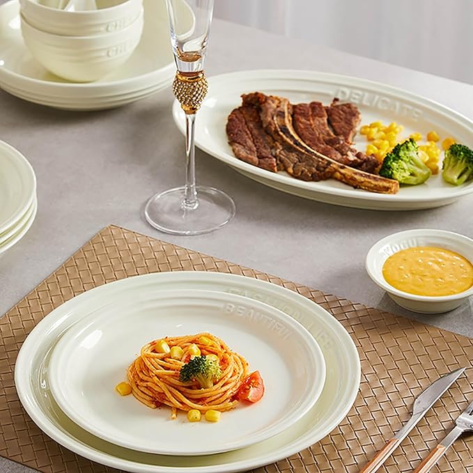 Embossed Art Dish Set 38 Pieces Serving Plates and Bowls Sets High Temperature Resistance Dinnerware Set for 6 Non-Slip Bottom Dining Table Set Smooth Surface Safe and Easy to Clean