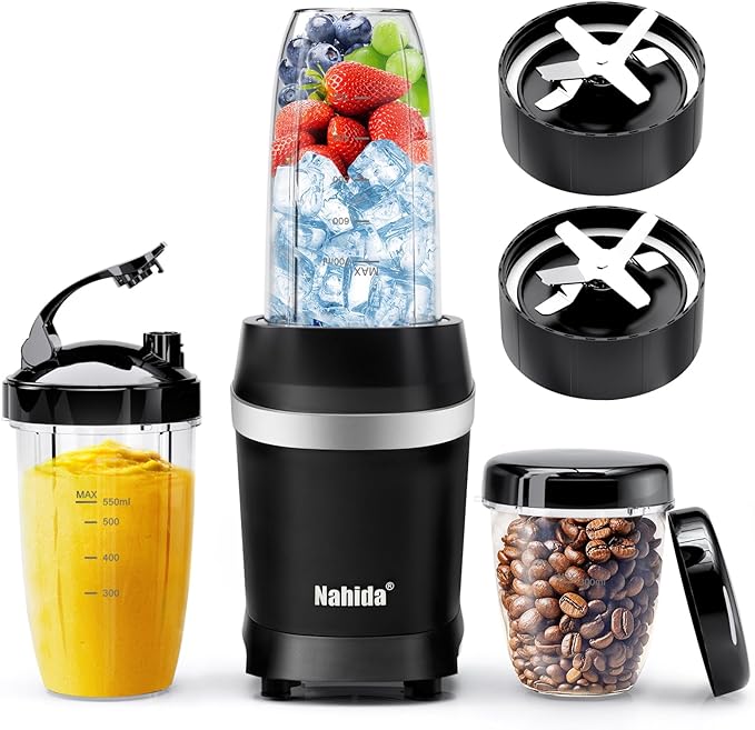Nahida Blender for Smoothies 1200W Smoothie Blender for Ices Crushing Blenders with (2) 6-Fin Blades Personal Blenders for Kitchen with 23oz 32oz 37oz Easy Go Cups for Juices Black