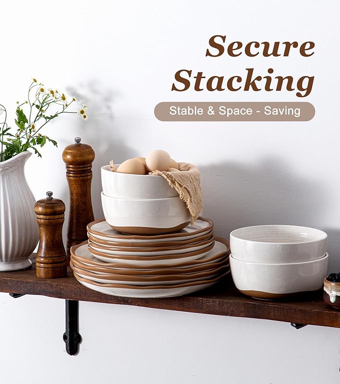 Lareina Plates and Bowls Set 12 Pieces Farmhouse Ceramic Dinnerware Sets Scratch Resistance Dishwasher Microwave Safe Vanilla White