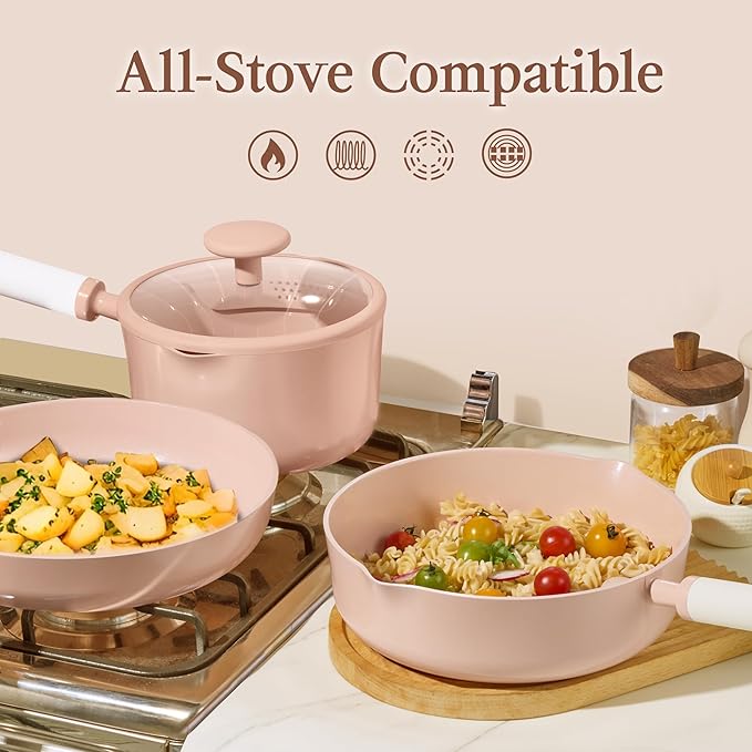 CAROTE Ceramic Cookware Set Nonstick 9pcs Pots and Pans Set Non stick Non-Toxic &amp PFAS-FreeDishwasher RV/Camping Cookware SetSauce Pan with Lid Pink