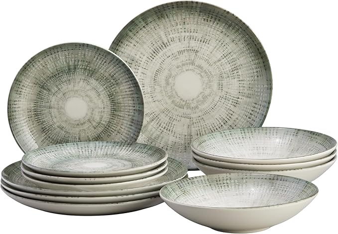 Corona 12-Piece Textured Modern Textured Finish Ceramic Dinnerware Sets Plates and Bowls Service For 4 Microwave and Dishwasher Safe Elara