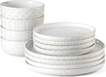 Stoneware Dinnerware Sets Service for 4 12 pcs Reactive Glaze Plates and Bowls Sets Embossed Boho Ceramic Dish Set Highly Chip and Crack Resistant Farmhouse Plate Set Ivory White