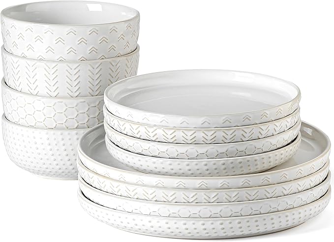 Stoneware Dinnerware Sets Service for 4 12 pcs Reactive Glaze Plates and Bowls Sets Embossed Boho Ceramic Dish Set Highly Chip and Crack Resistant Farmhouse Plate Set Ivory White