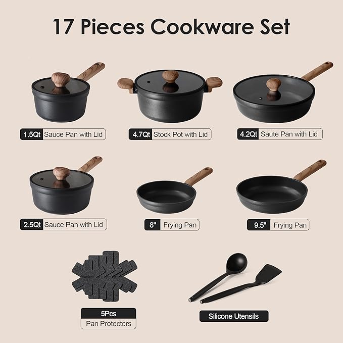SENSARTE Nonstick Pots and Pans Set 17pcs Healthy Induction Cookware Set Kitchen Cooking Set with Skillets &amp Saucepans Stay-cool Handles Dishwasher Safe PFOA PFOS Free Matte Black