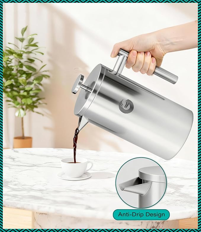 Coffee Gator 304 Grade Stainless Steel French Press Coffee Maker 34 oz Double Wall Insulated Teapot with 4-Level Filtration System Include Travel Jar Canister Rust-Free Dishwasher Safe Silver