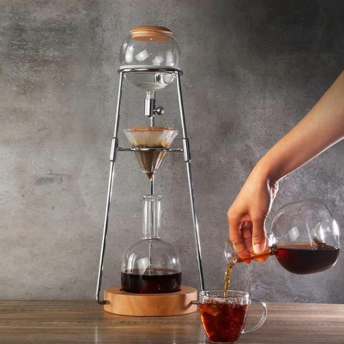 Cold Brew Drip Tower 500ml Reusable Glass Iced Coffee Maker with Slow Drip Speed Control Valve Glass Pot and Stainless Steel Stand for Cafe Home Kitchen
