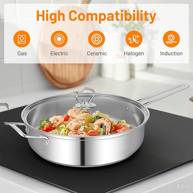 GOFLAME 12 Piece Pots &amp Pans Set Stainless Steel Cookware Set with Tempered Glass Lids Handles &amp 3-Ply Base 4 Stockpots 1 Frying Pan &amp 1 Sauce Pan for Stovetop Induction Halogen